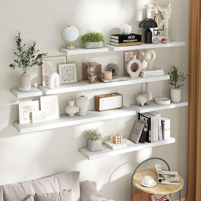 Floating Shelves for Wall with Invisible Brackets, Wall Mounted Engineered Wood Shelves with Wood Grain for Living Room, Bedroom, Bathroom, Kitchen Decor and Storage, Oak, 36"L Set of 2, White