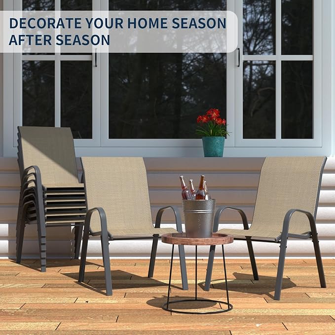 Amopatio Patio Chairs Set of 8, Outdoor Stackable Dining Chairs for All Weather, Brown, Breathable Garden Outdoor Furniture for Backyard Deck