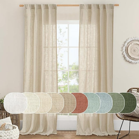 LAMIT Light Filtering Linen Curtains 84 inches Long for Bedroom, Faux Linen Textured Semi Sheer Back Tab and Rod Pocket Burlap Boho Modern Drapes for Living Room/Farmhouse, 2 Panels, 38 x 84 Inch