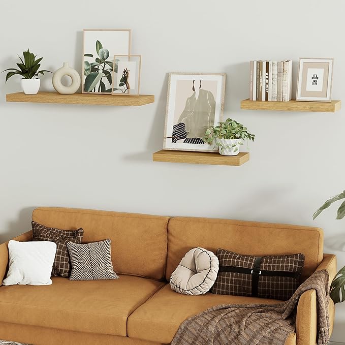 Vivelove Floating Shelves for Wall Mounted, 16 inchs Shelf for Small Bathroom, Bedroom, Living Room, Kitchen, Modern Home Decor, Rustic Farmhouse Wall Shelves with Invisible Brackets - Set of 2, Oak