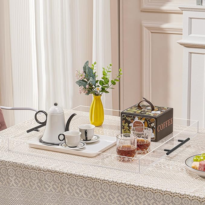 18×16 inches Oversized Clear Acrylic Ottoman Tray with Black Metal Handle and Safe Edge Extra Large Spill-Proof for Serving,Decorative King-Size Organizer Tray for Coffee Table Countertop