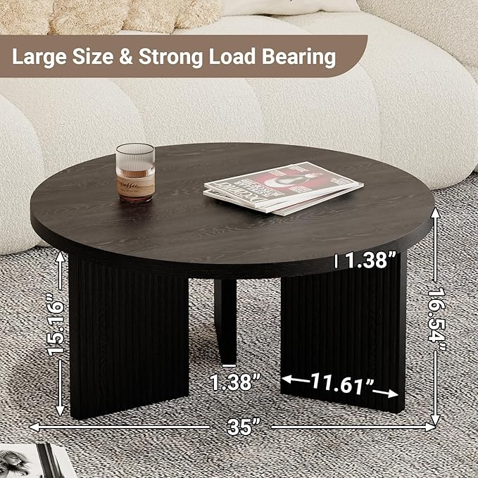 Wooden Round Coffee Table, 35" Coffee Table with Smooth Thick Mesa, Low Circle Center Table with X Shaped Stable Legs, Accent Tea Table for Living Room, Office, Black