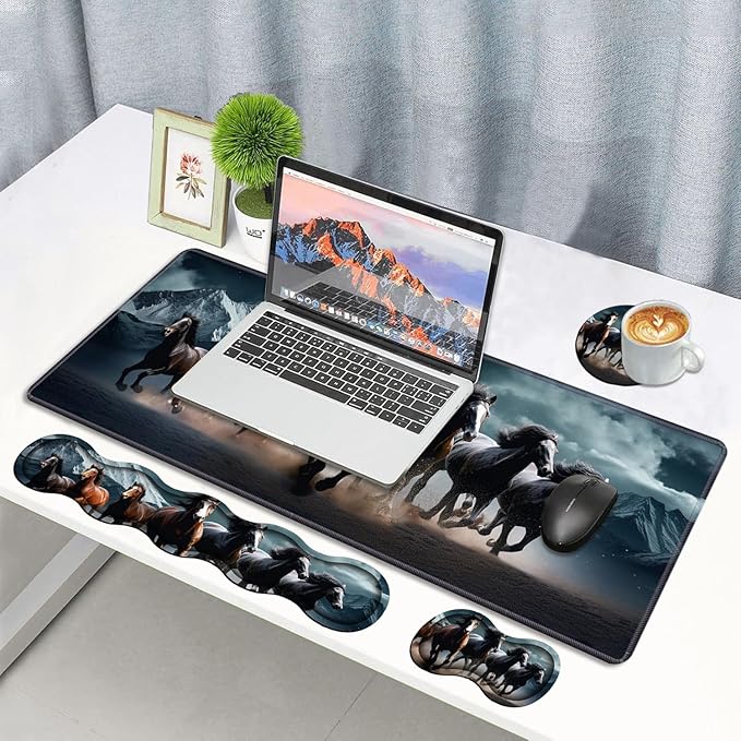 4 in 1 Ergonomic Memory Foam Mouse Pad Wrist Rest Set, Large XXL Gaming Desk Pad + Keyboard Wrist Rest + Mouse Wrist Cushion + Coaster for Home Office Study Gaming, Running Horses