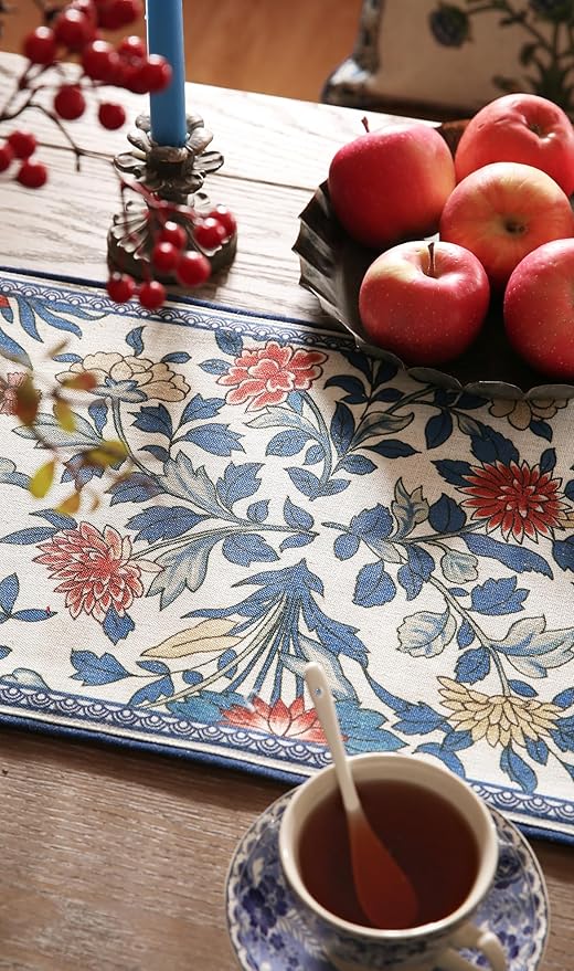 patdrea Designer Blue Cottage Rustic Floral Patterned Extra Long,Wrinkle Resistant Linen Table Runner 118 Inch Long,Decoration for Kitchen Dining and Coffee Tables Banquet Christmas , 12"x118"