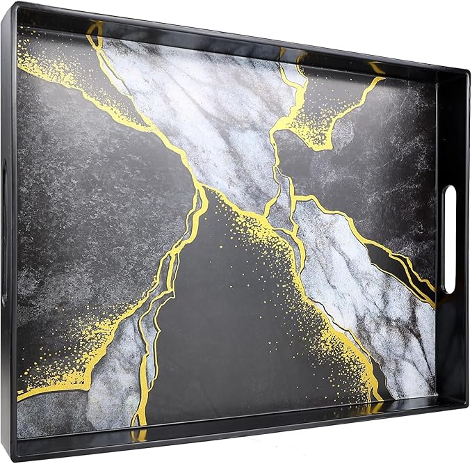 Marble Black Decorative Tray for Coffee Table, Ottoman, Rectangular Plastic Serving Platter Tray with Handles for Entertaining, Outdoor Patio, Living Room Counter, 15.7”*11.8”*1.6”