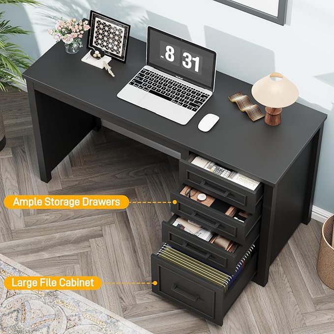 Vabches Farmhouse 49” Executive Desk with File Drawer, 4 Drawers Reversible Computer Desk with Storage, Rustic Home Writing Workstation for Home Office.Black