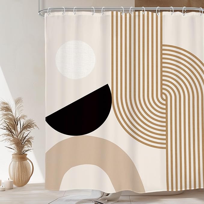 Glawry Mid Century Boho Shower Curtain Abstract Beige Stripe Geometry Arch Simple Minimalist Geometric Bathroom Modern Aesthetic 60Wx72L Inches Bath Accessories Art Home Decor Fabric 12 Pack Hook