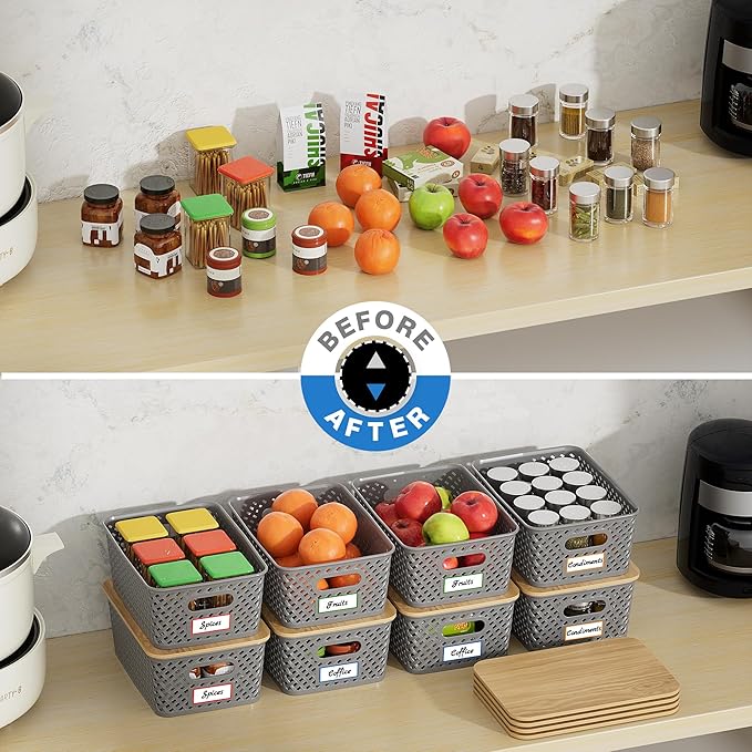 8 Packs Plastic Storage Bins with Bamboo Lids - Stackable Storage Bins Decorative Small Basket Containers for Organizing Shelves Office Classroom Desktop Closet, Grey