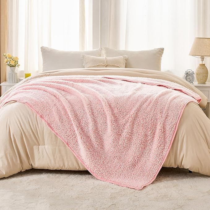 EMME Soft Sherpa Fleece Blanket Reversible Plush Fluffy Large Blanket, Light Weight Warm Decorative Boho Blanket Cover for Sofa, Couch, Bedroom,Travel(Plush Pink,90"x90")