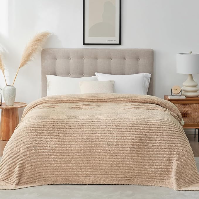 Snuggle Sac Luxury King Size Blanket for Bed, Cozy Soft Fuzzy Microfiber Knit Stripe Bedding Blankets, Beige, 108x90 inches