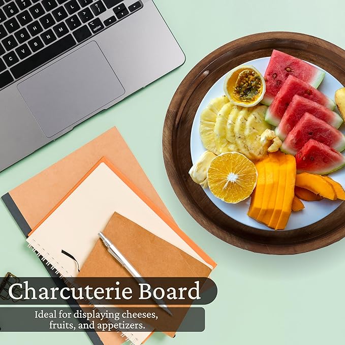 Round Wooden Tray - 12" Decorative Wood Serving Tray - Perfect for Breakfast, Lunch, Dinner, Appetizers, Patio, Ottoman, Coffee Table - Durable Living Room Couch Tray (Walnut) - ALPHA Living HOME