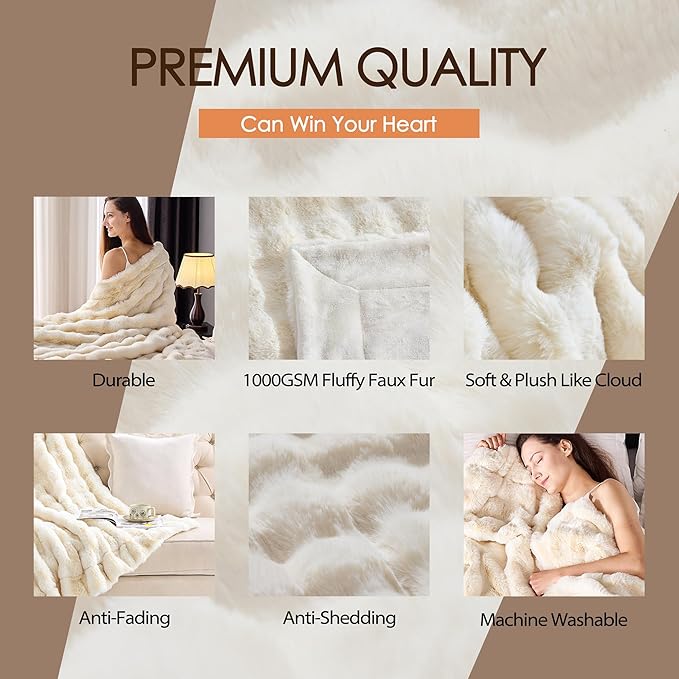 Luxury 1000GSM Faux Rabbit Fur Throw Blanket, Super Heavy Warm Cozy Blankets for Couch Bed Sofa, Bubble Plush Fuzzy Elegant Soft Reversible Mink Blanket for Living Room Bedroom, Cream White
