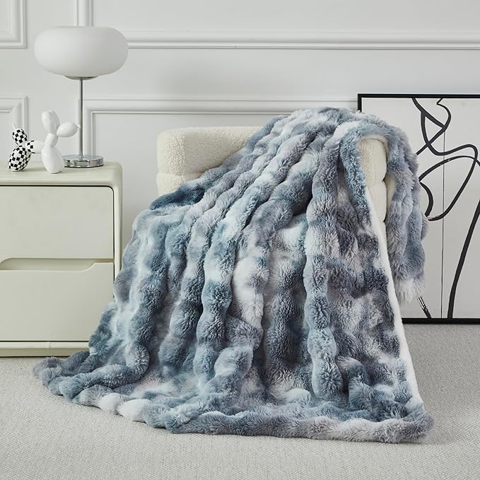 Faux Fur Throw Blanket for Couch Cozy Fuzzy Soft Plush Thick Fluffy Fleece Bubble Blanket for Sofa Bedroom Living Room, 51x63 Inches Tie-Dye Silver Gray