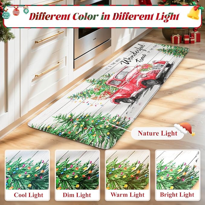Christmas Truck Xmas Tree Kitchen Mat 2PCS, Cushioned Anti-Fatigue Non Skid Waterproof Kitchen Mats for Floor, Comfort Standing Mat Winter Decor for Office Desk Laundry, 17"x30"+17"x47"