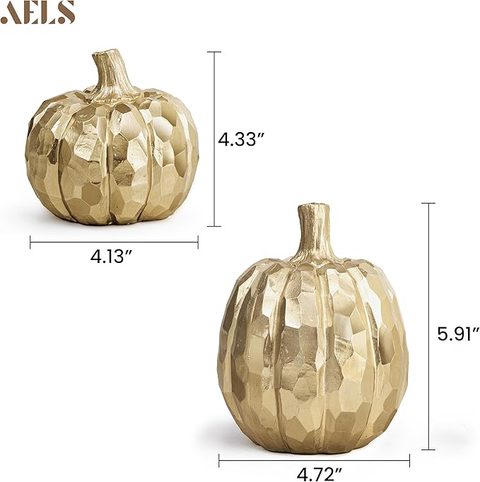 AELS 5.9" Tall Modern Pumpkins Fall Decor Indoor, Set of 2 Elegant Tabletop Decorations, Resin Artificial Pumpkins Decor for Fall Table Runner, Office, Holiday Party Home, Golden
