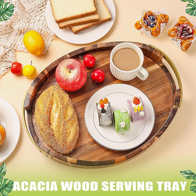 Acacia Wood Serving Tray with Metal Handles– 16"x13"x2", Large Wood Display Tray, Decorative Ottoman Tray for Living Room, Coffee Table for Breakfast, Food, Cookie, Dessert, Fruit, Snack