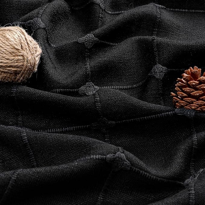 MitoVilla 72 x 78 Black Farmhouse Shower Curtain Set, Boho 78 inch Long Polyester Linen Tassel Fabric Shower Curtain Set for Chic Cottagecore French Rustic Bathroom Decor