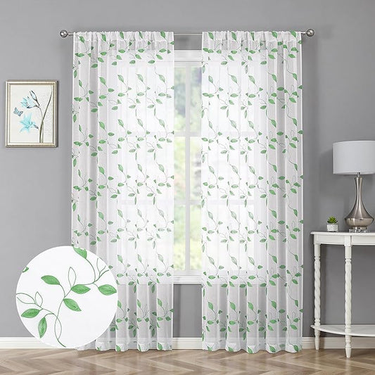 Tollpiz Green Leaf Sheer Curtain Leaves Embroidered Bedroom Curtains Rod Pocket Voile Window Treatment for Living Room, 54 x 95 inches Long, Set of 2 Panels
