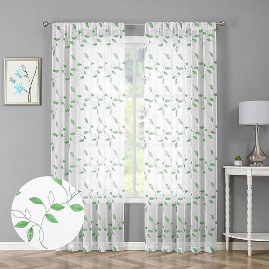 Tollpiz Green Leaf Sheer Curtains Leaves Embroidered Bedroom Curtain Rod Pocket Voile Window Treatment for Living Room, 54 x 84 inches Long, Set of 2 Panels