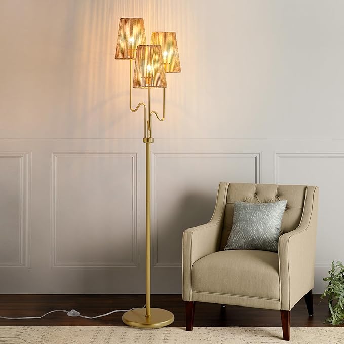 Boho Floor Lamp, 68in. Rattan floor lamp with Natural Woven Shade, Rustic Standing Lamp for Coastal, Beach or Bohemian Style Decor, E26 Socket, On/Off Footswitch Lamp for Living room, Bedroom (Gold)