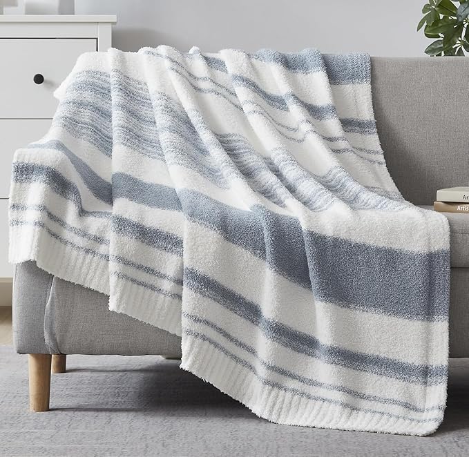 WRENGONGE Grey Blue Throw Blanket, 50x70 Soft Cozy Striped Throw Blankets for Couch, Sofa, Bed, Travel, Lightweight Fluffy Warm Plush Decorative Blankets for Women, Men,Kids Gift