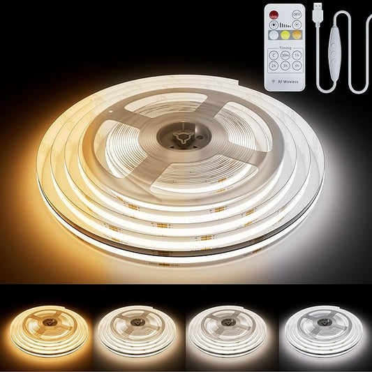 PAUTIX 5V USB CCT Tunable COB LED Strip Light 6.56ft/2m 1280LEDs 1200lm 2700K-6500K Dimmable CRI85+ with RF Remote TV Backlight,Flexible Under Cabinet Tape Light for Bedroom,Kitchen,Home DIY Lighting
