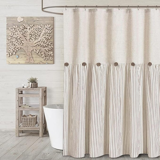 Awellife Farmhouse Beige Shower Curtain Button Linen Textured Woven Fabric,Pleated Beige Stripe,Country Style,72x72 Inch