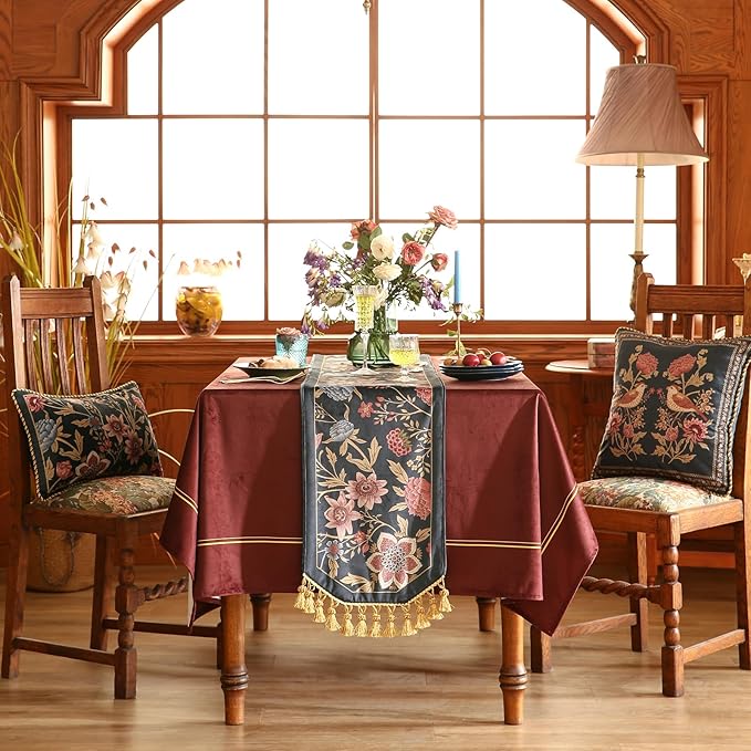 patdrea Designer Vintage Black Floral Extra Long Velvet Table Runner 118 Inch Long,Pink Khaki Bouquets Pattern Table Mat,Decor for Kitchen Dining Coffee Table Cabinet Banquet Thanksgiving,12"*118"