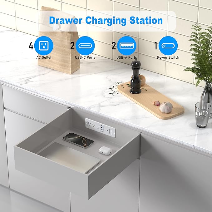 65W USB C Recessed Power Strip, Flush Mount Desktop Recessed Outlet with 4AC & 2 PD GaN USB C & 2 USB-A Ports, 10ft Furniture Hidden Drawer Fast Charging Station for Home Office