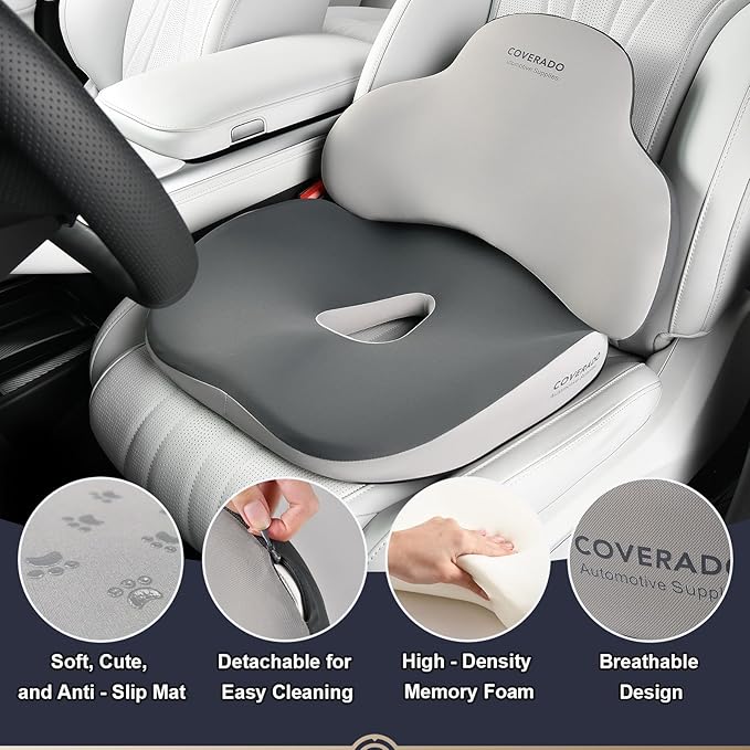 Coverado Seat Cushion and Lumbar Support Pillow for Car Office Chair, Ergonomic Memory Foam Desk Chair Cushion Back Support Pillow, Sciatica & Back & Tailbone Pain Relief Cushion