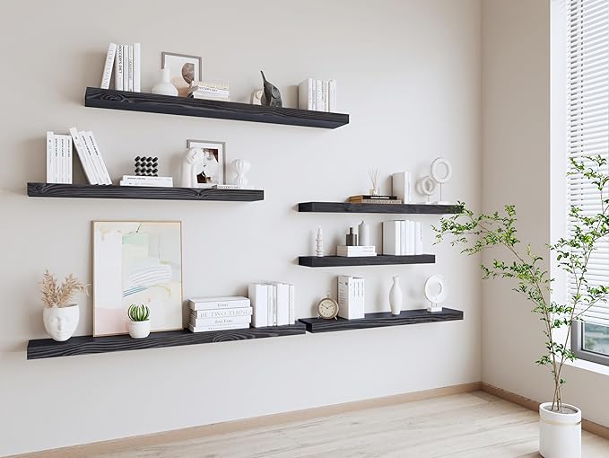 60 inch Black Floating Shelves for Wall 8 -inch deep Set of 2, Heavy Duty Solid Wood Wall Mounted Shelves for Living Room Kitchen with Thickened Hidden Bracket