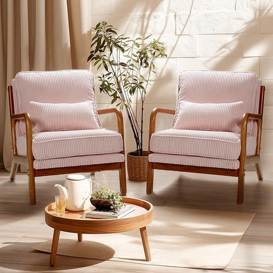 FLEXISPOT AC1 Mid Century Modern Accent Chairs Set of 2, Corduroy Upholstered Armchairs with Wood Frame, Thick Backrest & Lumbar Pillow, Comfy Reading Chairs for Living Room, Bedroom, Balcony (Pink)