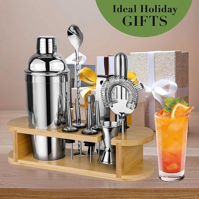 Cocktail Shaker Set Bartender Kit with Stand, Stainless Steel Drink Mixer Set with All Essential Accessories, Professional Bar Tool Set Bartending Kit, Gifts for Home Bar and Men Dad Women
