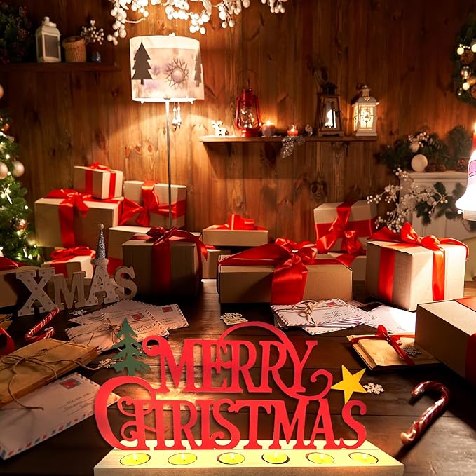 Metal Merry Christmas Sign, Tiered Tray Decor with 18 Pcs Tealights, Red Christmas Decorations Tea Lights Candles Holders for Home, Office, Shelf, Mantel, Indoor, Table, Winter Decoration