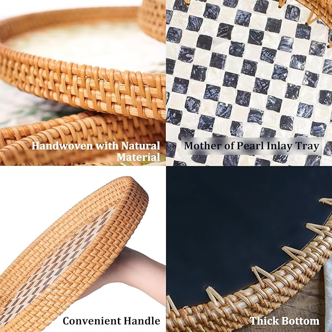 Round Rattan Tray with Mother of Pearl Inlay, Rattan Serving Tray for Coffee, Bread, Fruits, Decorative Wicker Tray for Table Decor, Home Decor, Kitchen Island Decor(Black Checkerboard, 11.8")