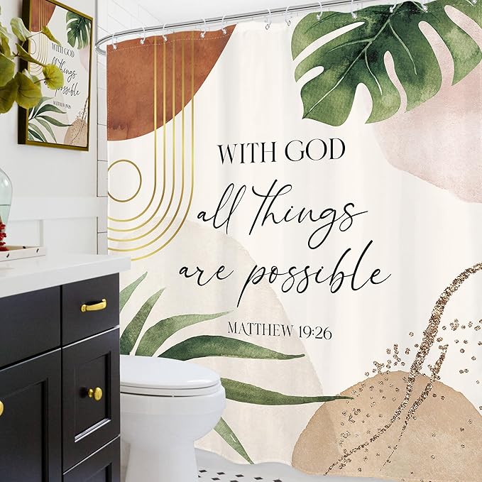 Glawry Boho Bible Verse Shower Curtain Extra Long Inspirational Scriptures Quotes Abstract Palm Leaf Bathroom Mid Century Christian 72Wx84L Inches Bath Accessories Art Home Decor Fabric 12 Pack Hook