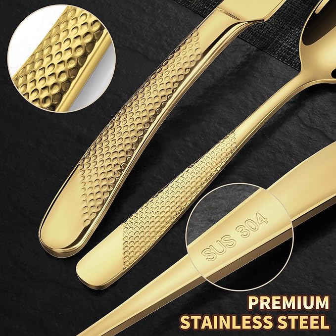 Lemeya 20-Piece Hammered Gold Silverware Set for 4 with Serrated Forging Knives,18/10 Stainless Steel Modern Flatware Set,Unique Cutlery Set Spoons and Forks Set,Mirror Polished,Dishwasher Safe