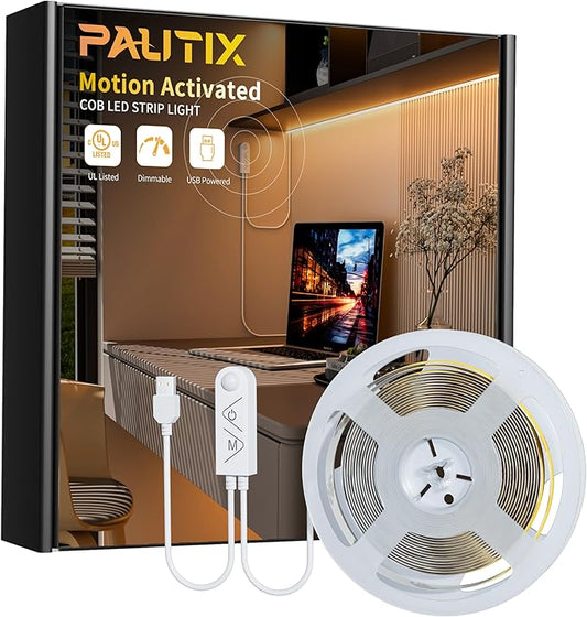 PAUTIX COB LED Strip with Motion Sensor,5V USB LED Tape Light 2700K Warm White,CRI90+ Super Bright,Dimmable Motion Activated LED Strip Light for Bedroom,Cabinets,Kitchen,Stair,Closet Lighting Projects