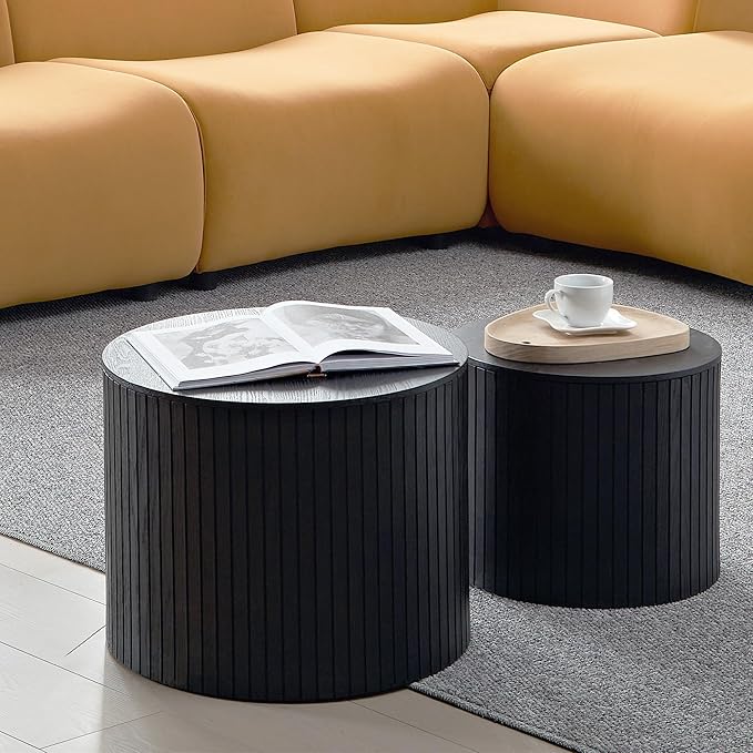 Round Storage Side Table Set of 2, Nesting Coffee Tables with Hidden Storage, Modern Wood Accent End Table for Living Room, Bedroom, Small Space, Minimalist Bedside Table, No Assembly(Black)