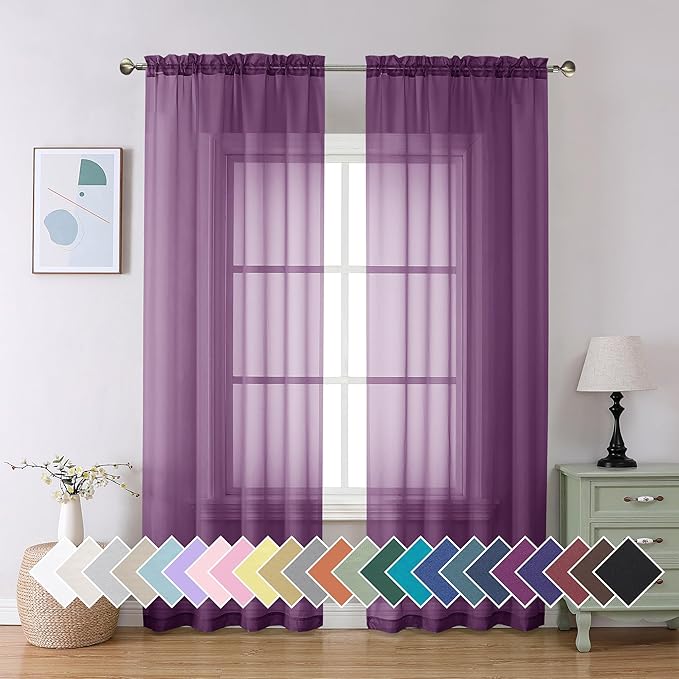 Aiyufeng Plum Purple Sheer Curtains 90 Inches Long 2 Panels, Solid Voile Top Dual Rod Pockets Stylish Breathable Drapes Window Treatment for Kid's Room/Bedroom/Living Room, 42W x 90L inches