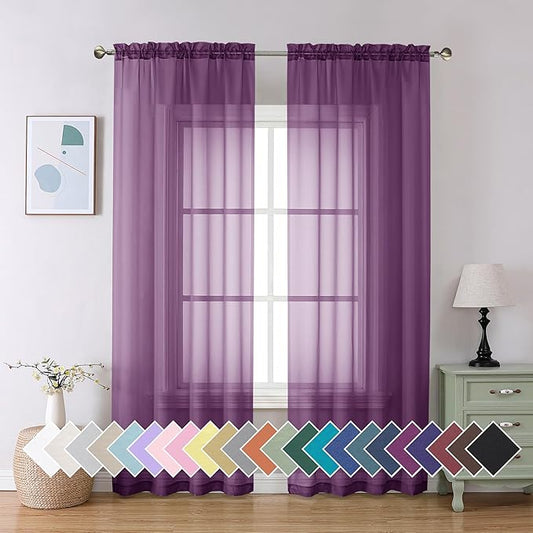 Aiyufeng Plum Purple Sheer Curtains 90 Inches Long 2 Panels, Solid Voile Top Dual Rod Pockets Stylish Breathable Drapes Window Treatment for Kid's Room/Bedroom/Living Room, 42W x 90L inches