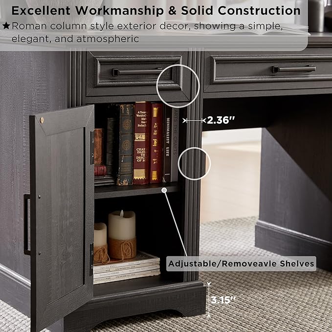 JXQTLINGMU Farmhouse 76" Height Computer Desk with Hutch, Office Desk with Charging Station, Drawers and Storage Cabinet, Workstation for Office Home, Black