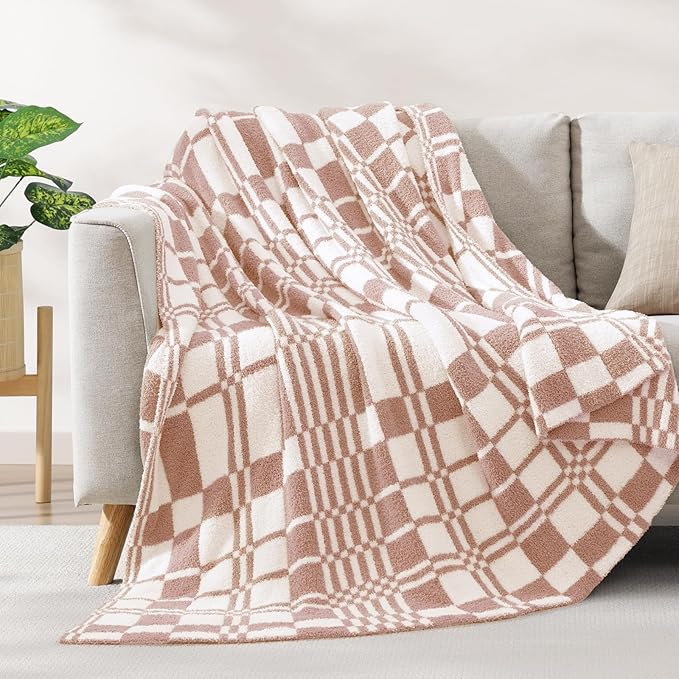 WRENSONGE Checkered Throw Blanket, Clay Pink Soft Cozy Fluffy Warm Hand Made Throw Blankets for Couch, Sofa, Chair, Bed, Camping, Picnic, Travel Lightweight Bed Blanket - 50"*60"