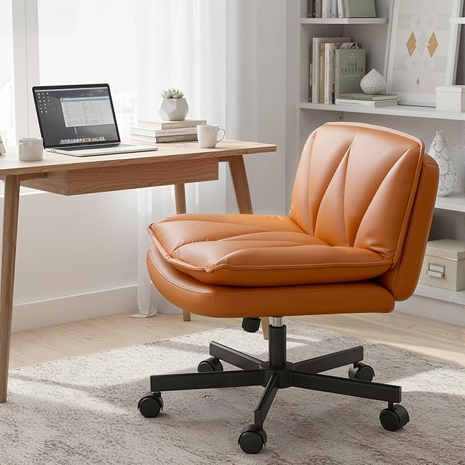 Armless Criss Cross Chair with Wheels, Leather Cross Legged Office Chair with 2-Layer Cushion,Swivel Modern Home Office Desk Chair 25.5" Wide Seat Height Adjustable,Vanity Chairs,Orange