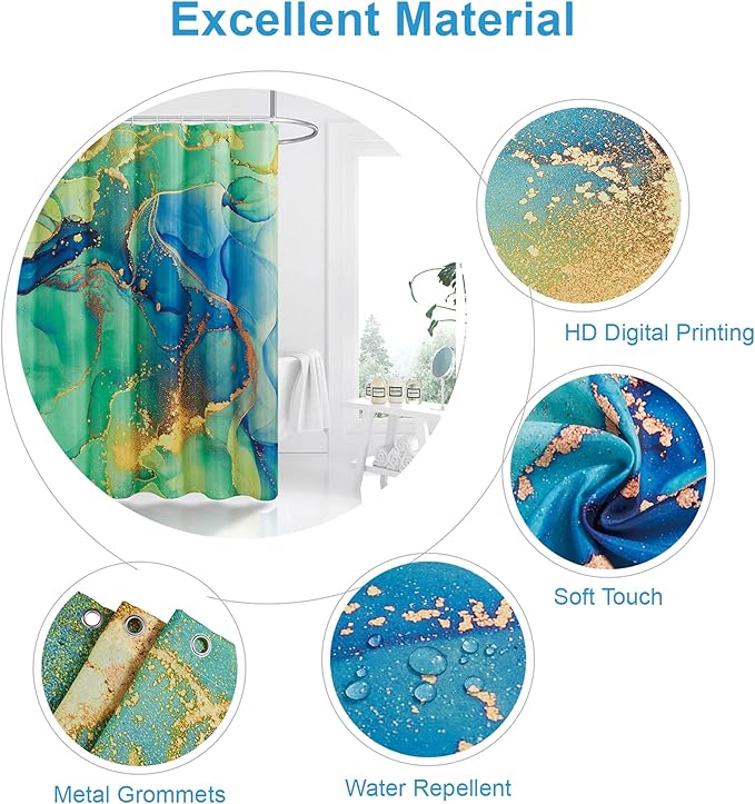 Marble Shower Curtain, Green Marble Shower Curtain Set with 12 Hooks, Colourful Abstract Gold Teal Marble Shower Curtains for Bathroom, Waterproof Fabric, 72" W X 72" L