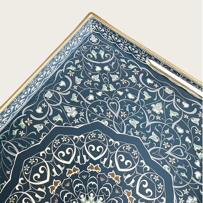 Decorative Tray, Blue Serving Tray with Handles, Ottoman Trays, Plastic Coffee Table Tray for Living Room, Bathroom, Kitchen, Decor, 15.7”*11.8”