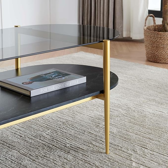 Oval Glass Coffee Table, Mid-Century Modern Design, L41 x W21 x H17 inch, for Living Room, Grey Glass Top, Black Marble Finish Wood Shelf & Gold Finish Frame