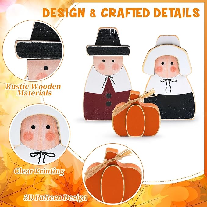 3 Pcs Fall Thanksgiving Decorations Wooden Pumpkin Pilgrim Couple Table Sign Harvest Standing Tabletop Signs for Thanksgiving Fall Home Indoor Decor