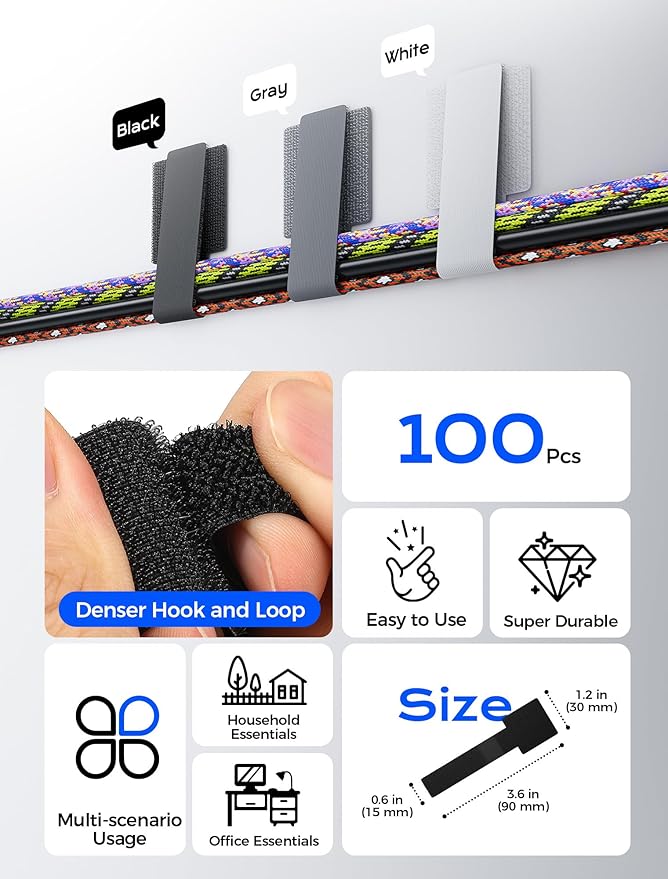 100pcs Hook and Loop Cable Ties, gliship Adhesive Wire Management, Adjustable Cable Straps Cord Wrappers Keeper Cord Holder, Sticky-Back Cord Organizer for Kitchen Appliances at Office, Home - Black