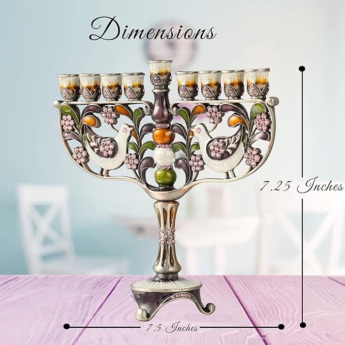 Matashi Hand Painted Enamel Menorah Candelabra with a Doves and Flower Design and Embellished with Gold Accents Crystals, for Hanukkah